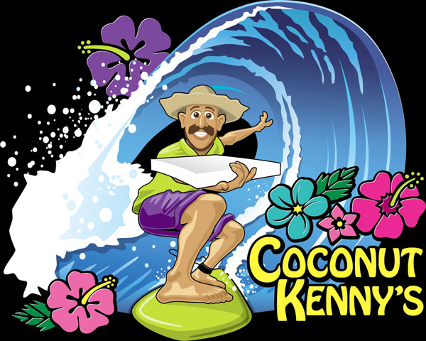 Coconut Kenny's Surfing Mascot Illustration